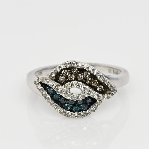 Tri Color White, Blue, Brown Diamond Bypass 14k White Gold Ring