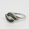 Tri Color White, Blue, Brown Diamond Bypass 14k White Gold Ring