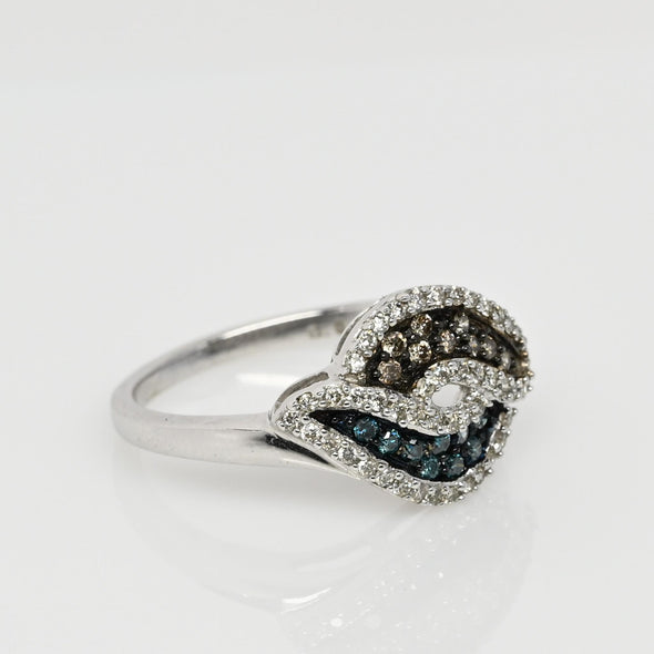 Tri Color White, Blue, Brown Diamond Bypass 14k White Gold Ring