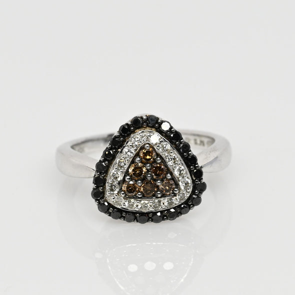 Tri Color White, Black, Brown Diamond Triangle 14k White Gold Ring