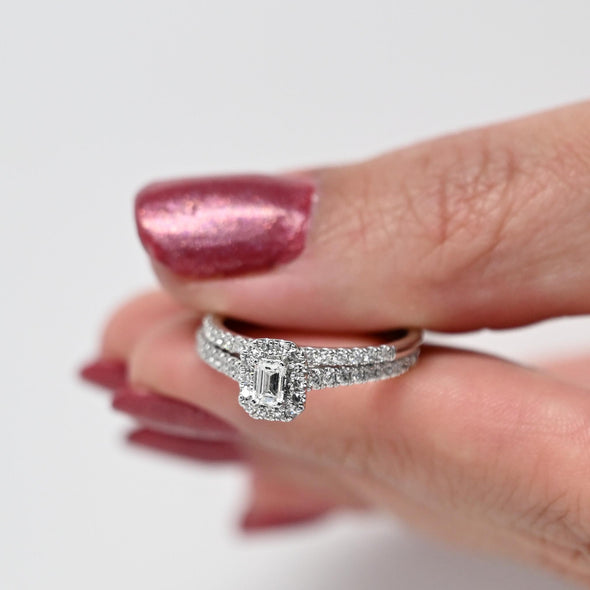 1cttw Emerald Cut Diamond Halo 14k White Gold Wedding Set