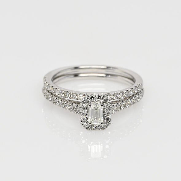 1cttw Emerald Cut Diamond Halo 14k White Gold Wedding Set