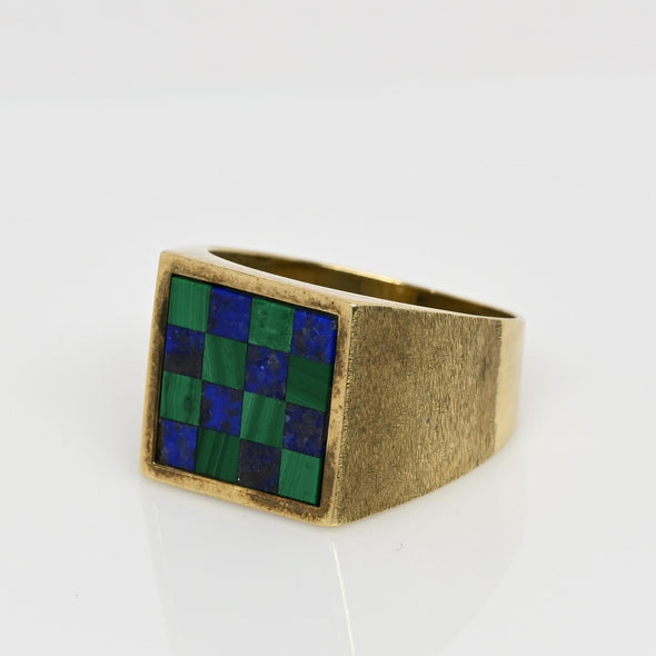 Lapis & Malachite Checkerboard Yellow Gold Men's Ring