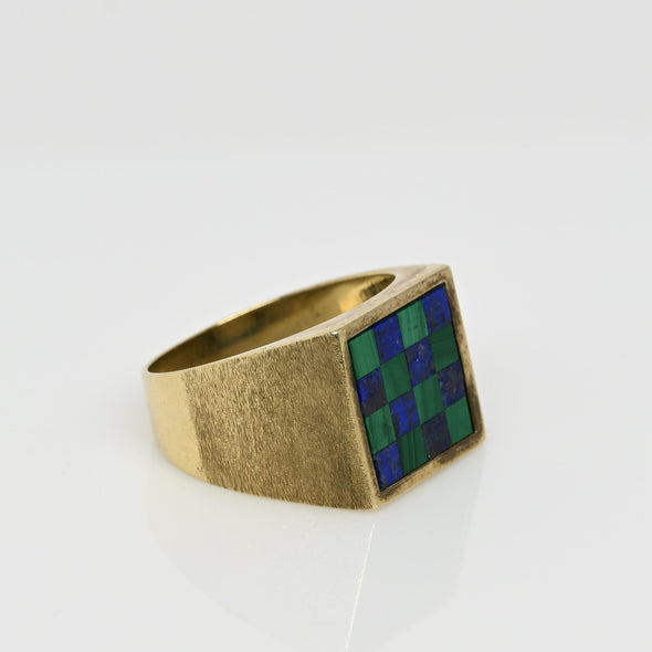 Lapis & Malachite Checkerboard Yellow Gold Men's Ring