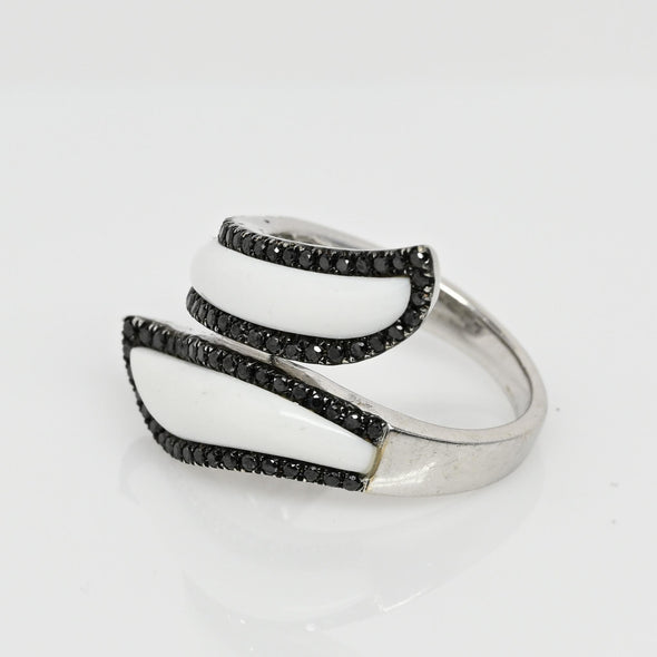 Black Diamond White Curved Bypass 18k White Gold Ring