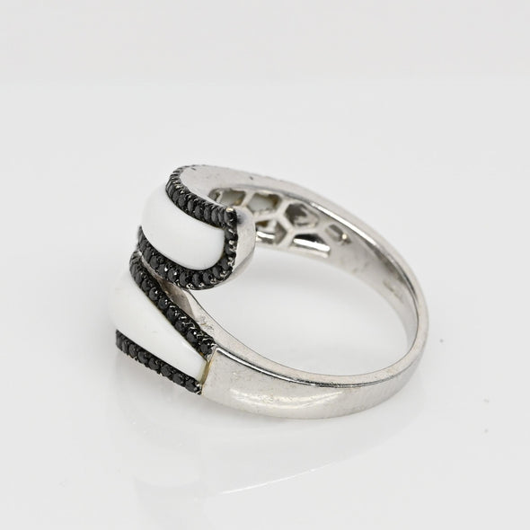 Black Diamond White Curved Bypass 18k White Gold Ring