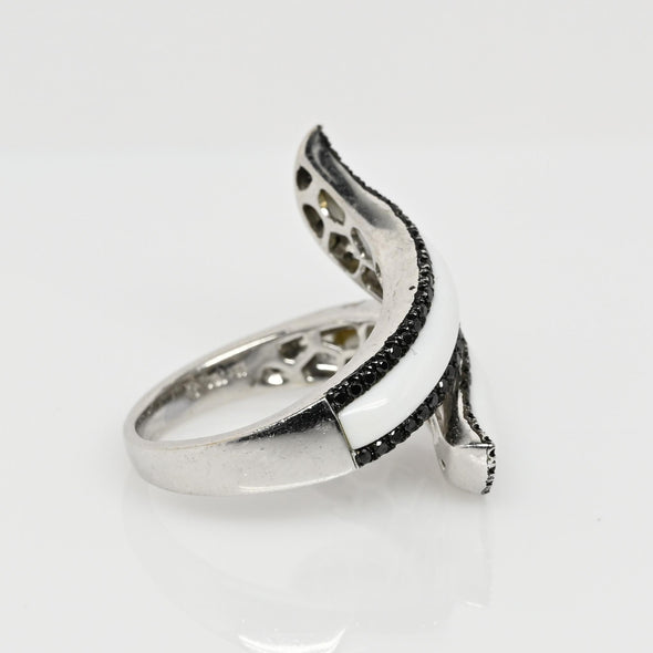 Black Diamond White Curved Bypass 18k White Gold Ring