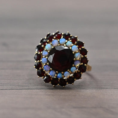 Vintage Garnet Opal Double Halo 18k Gold Ring