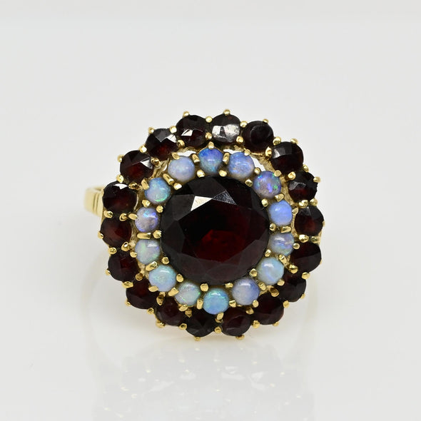 Vintage Garnet Opal Double Halo 18k Gold Ring