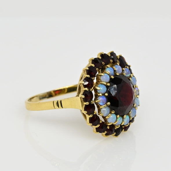 Vintage Garnet Opal Double Halo 18k Gold Ring