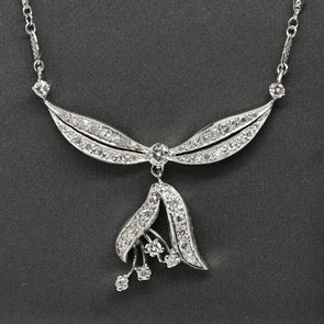 Vintage Diamond Bow Motif 14k White Gold Station Necklace
