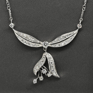 Vintage Diamond Bow Motif 14k White Gold Station Necklace
