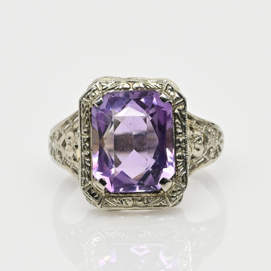 Art Deco Amethyst 14K White Gold Filigree Ring