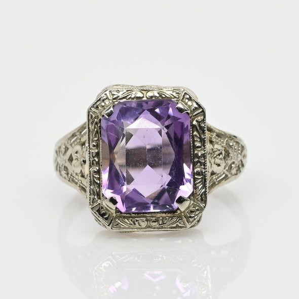 Art Deco Amethyst 14K White Gold Filigree Ring