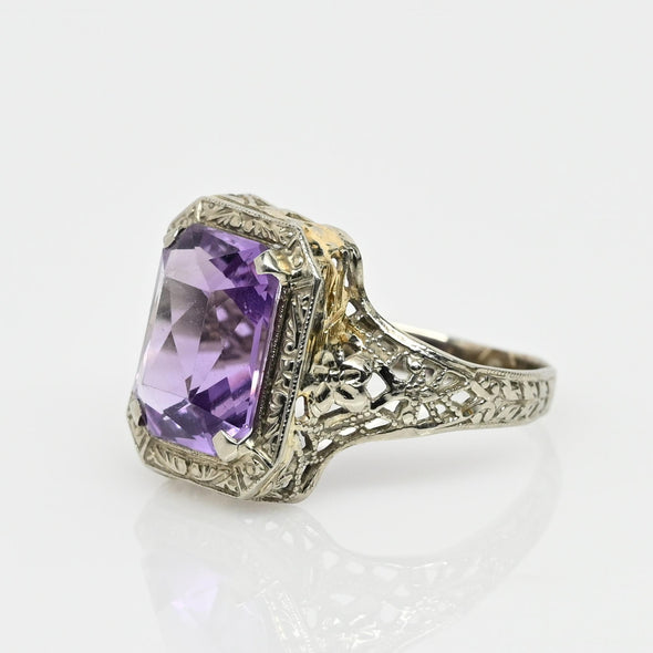 Art Deco Amethyst 14K White Gold Filigree Ring