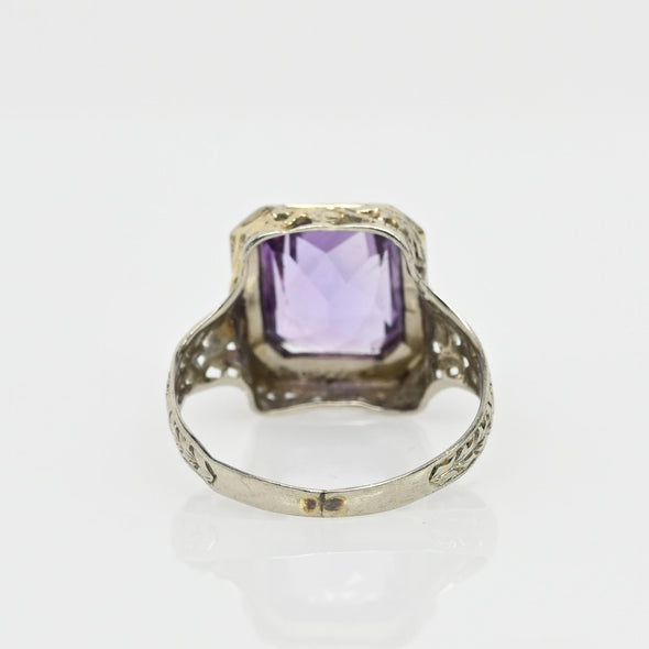Art Deco Amethyst 14K White Gold Filigree Ring