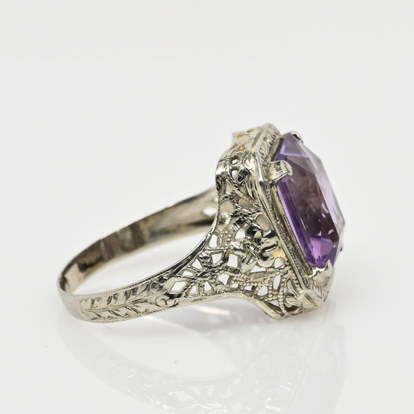 Art Deco Amethyst 14K White Gold Filigree Ring