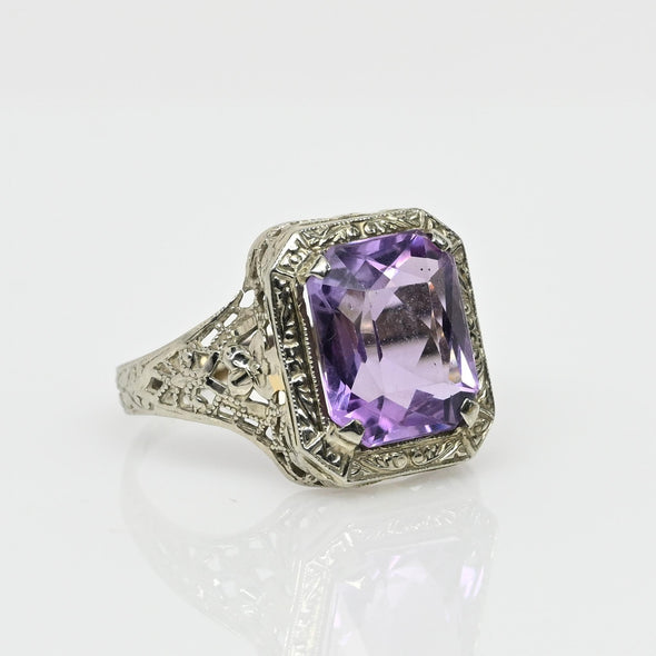 Art Deco Amethyst 14K White Gold Filigree Ring
