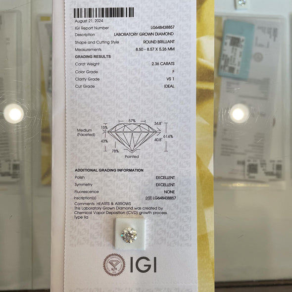 2.36 ct Round Brilliant F VS1 Loose Lab Grown Diamond w IGI Certificate