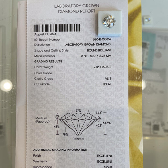2.36 ct Round Brilliant F VS1 Loose Lab Grown Diamond w IGI Certificate