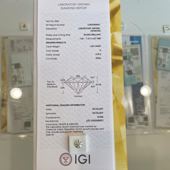 1.68ct Round Brilliant D VVS2 Loose Lab Grown Diamond w IGI Certificate