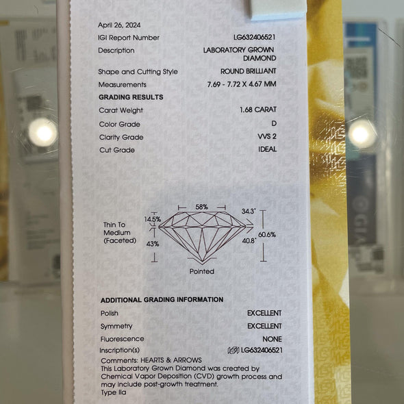 1.68ct Round Brilliant D VVS2 Loose Lab Grown Diamond w IGI Certificate