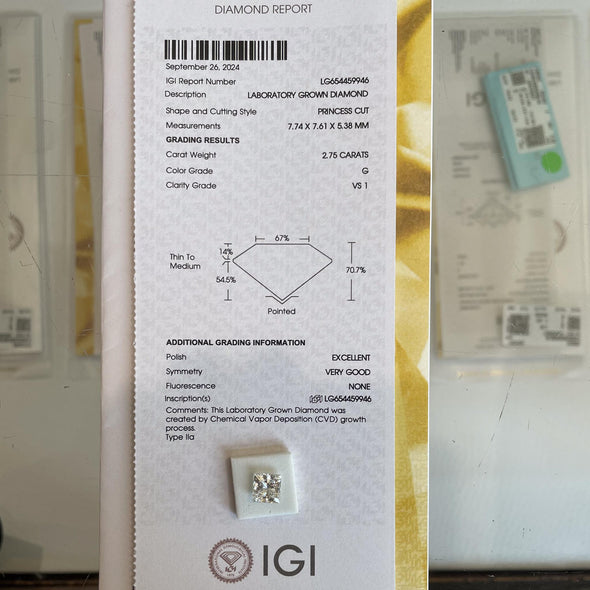 2.75ct Princess Cut G VS1 Loose Lab Grown Diamond w IGI Certificate
