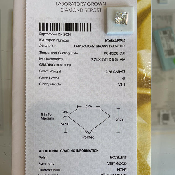 2.75ct Princess Cut G VS1 Loose Lab Grown Diamond w IGI Certificate