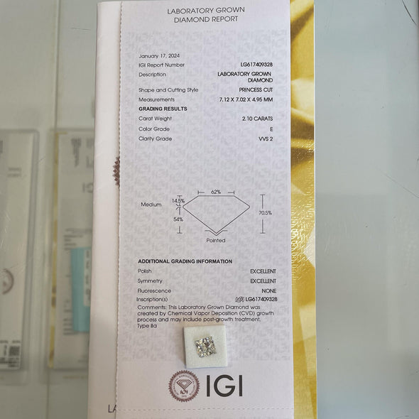 2.10ct Princess Cut E VVS2 Loose Lab Grown Diamond w IGI Certificate