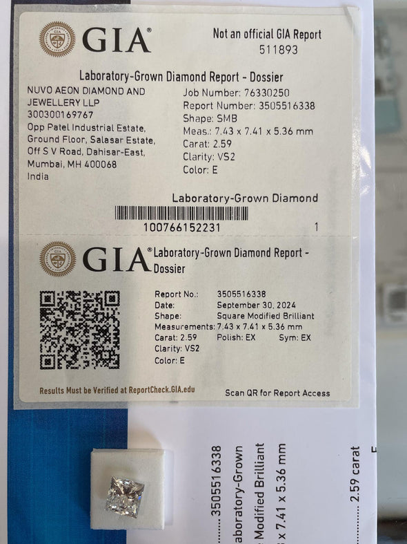 2.59ct Princess/Square Brilliant E VS2 Loose Lab Grown Diamond w IGI Certificate