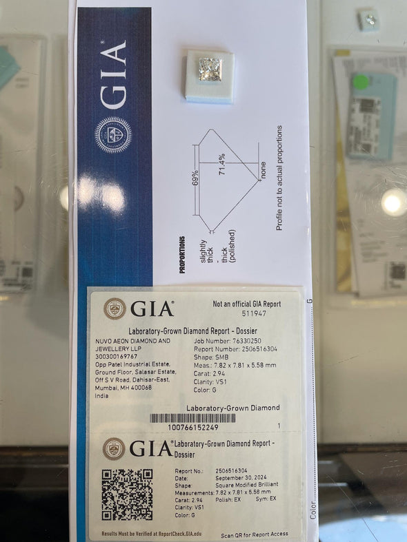 2.94ct Princess/Square Brilliant G VS1 Loose Lab Grown Diamond w IGI Certificate