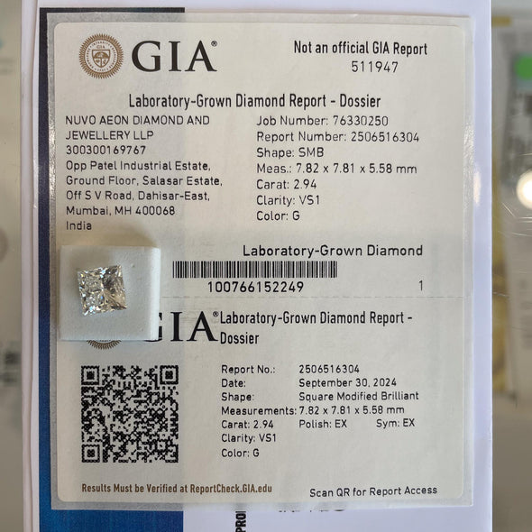 2.94ct Princess/Square Brilliant G VS1 Loose Lab Grown Diamond w IGI Certificate