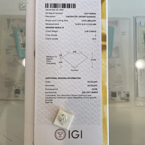 3.40ct Oval Brilliant E VS2 Loose Lab Grown Diamond w IGI Certificate