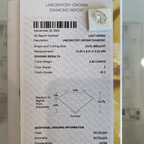 3.40ct Oval Brilliant E VS2 Loose Lab Grown Diamond w IGI Certificate