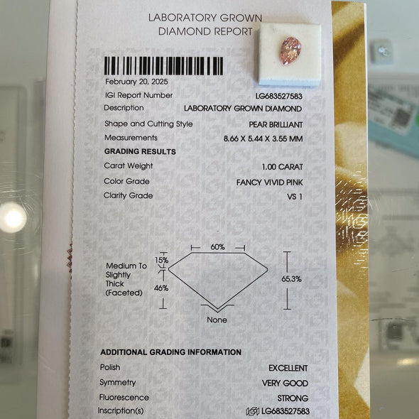 1.0ct Pear Fancy Vivid Pink VS1 Loose Lab Grown Diamond w IGI Certificate