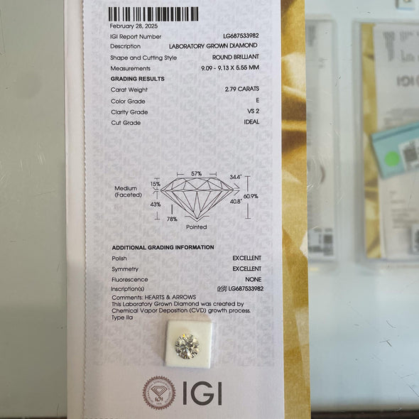 2.79ct Round E VS2 Brilliant Loose Lab Grown Diamond w IGI Certificate