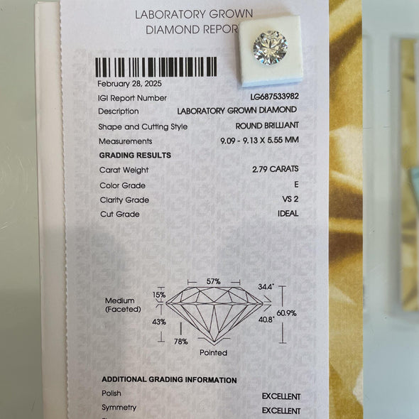 2.79ct Round E VS2 Brilliant Loose Lab Grown Diamond w IGI Certificate
