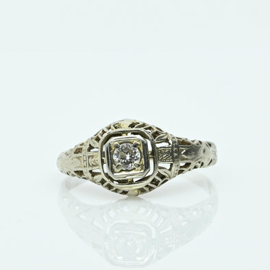 Art Deco Old European Cut Diamond Filigree 14K White Gold Solitaire Ring