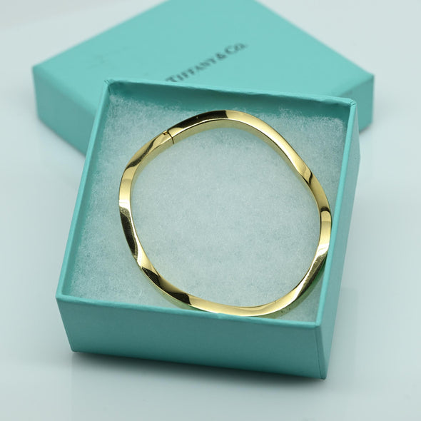 Tiffany & Co Zig Zag Wave 18K Yellow Gold Hinged Bangle Bracelet w Box