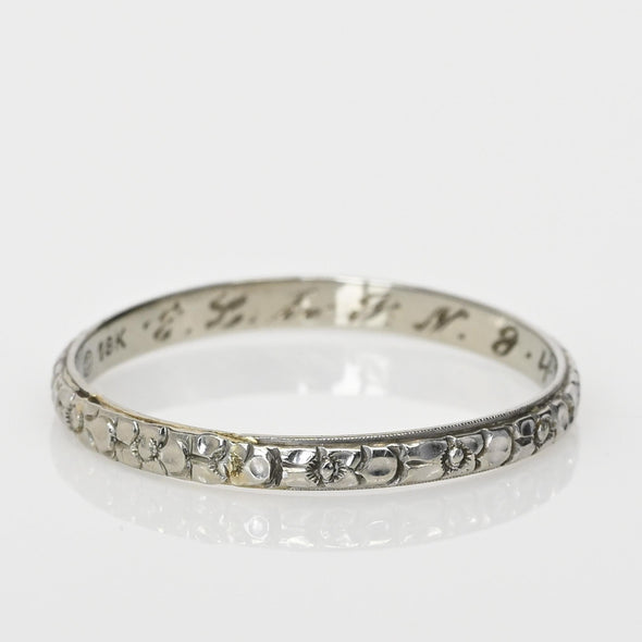 Art Deco 18K White Gold Flower Wedding Band Dated 1934 Size 11.5