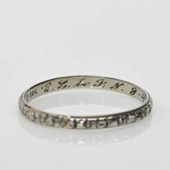 Art Deco 18K White Gold Flower Wedding Band Dated 1934 Size 11.5