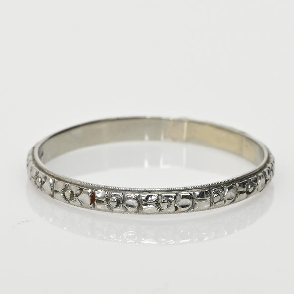 Art Deco 18K White Gold Flower Wedding Band Dated 1934 Size 11.5