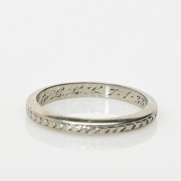 Dated 7-1-33 Art Deco 18K Vintage White Gold Chevron Wedding Band