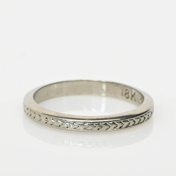 Dated 7-1-33 Art Deco 18K Vintage White Gold Chevron Wedding Band