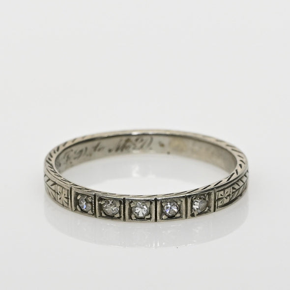 Circa 1920's 18K White Gold Diamond and Chevron Wedding Band