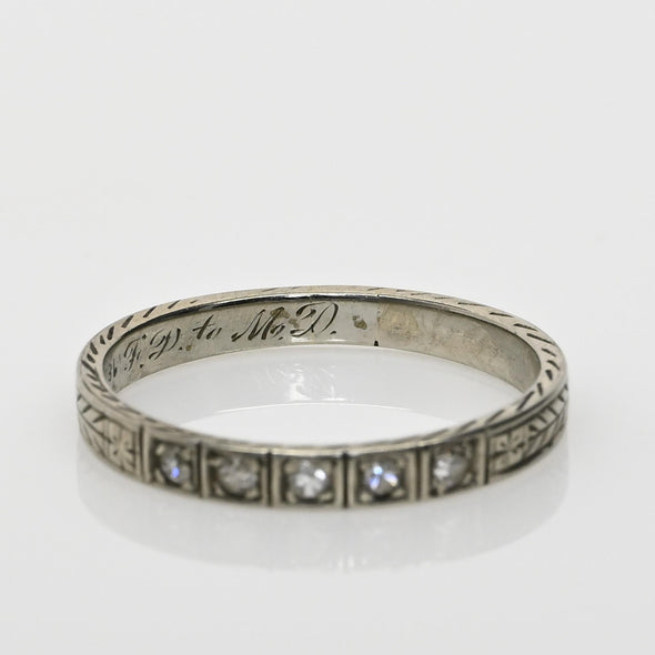 Circa 1920's 18K White Gold Diamond and Chevron Wedding Band