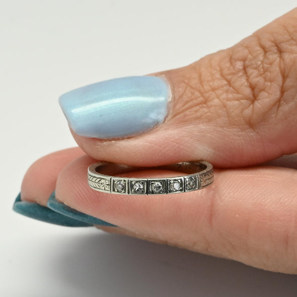 Circa 1920's 18K White Gold Diamond and Chevron Wedding Band