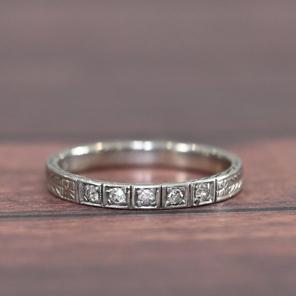 Circa 1920's 18K White Gold Diamond and Chevron Wedding Band