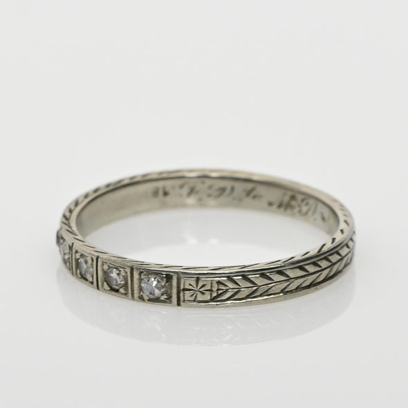 Circa 1920's 18K White Gold Diamond and Chevron Wedding Band
