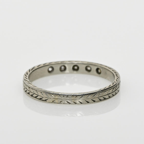 Circa 1920's 18K White Gold Diamond and Chevron Wedding Band